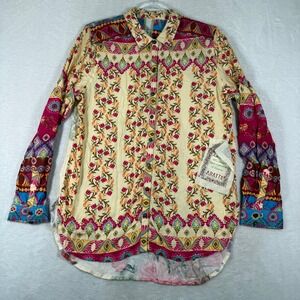 Aratta Silent Journey Peacock Paradise Shirt Cream Fuchsia Floral Mixed Print S